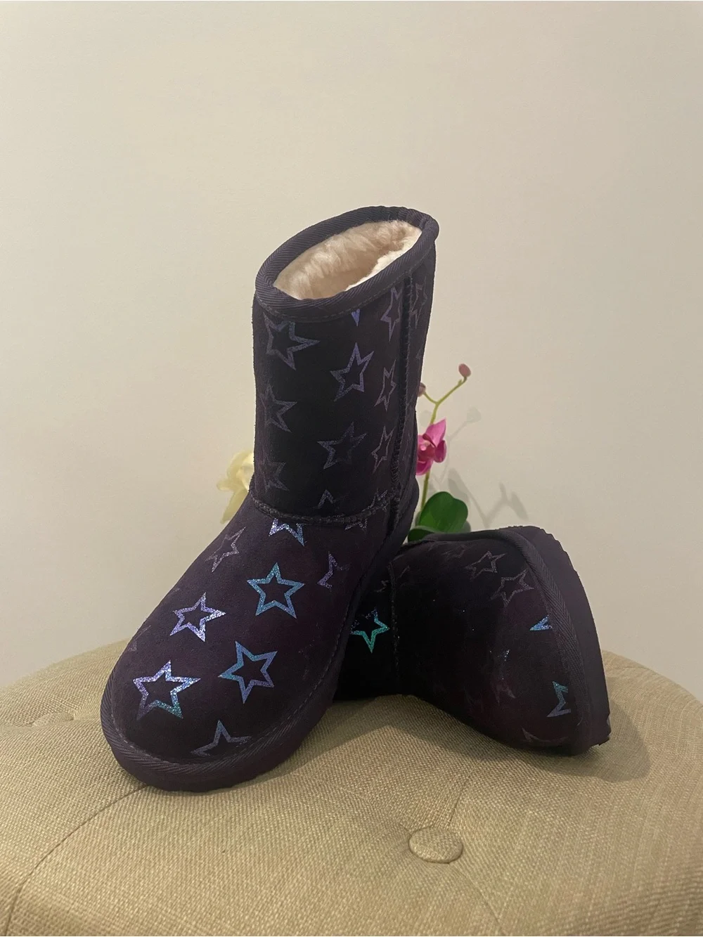 UGG Purple Star-Pattern Kids Fleece Boots